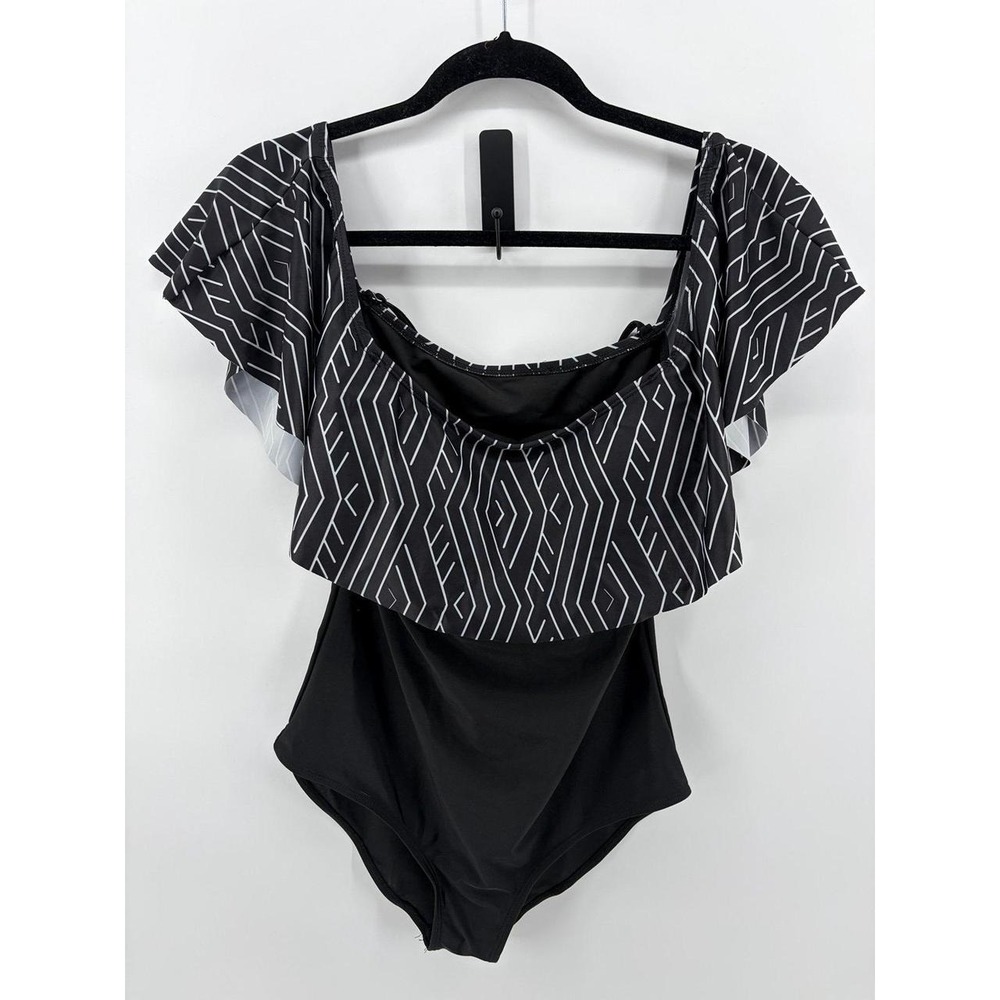 Hayden Geometric Ruffled, Off Shoulder One Piece Swimsuit Black/White Large‎ NWT